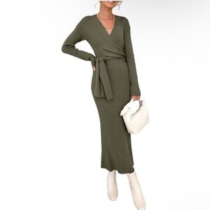 Modern Citizen Linden Wrap Long Sleeve Sweater Midi Dress Green Large